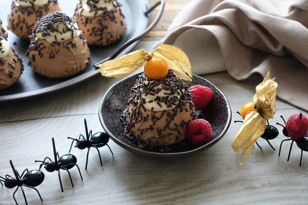 kleine, süße Ameisenhaufen à la linzersmileys; kreativ und lecker; flaumiger Biskuit, getränkt mit Kaffe und Rum, bsetrichen mit Schoko-Buttercreme und Schlagobers, bestreut mit Schokostreuseln; kühl serviert - ein Hochgenuss!