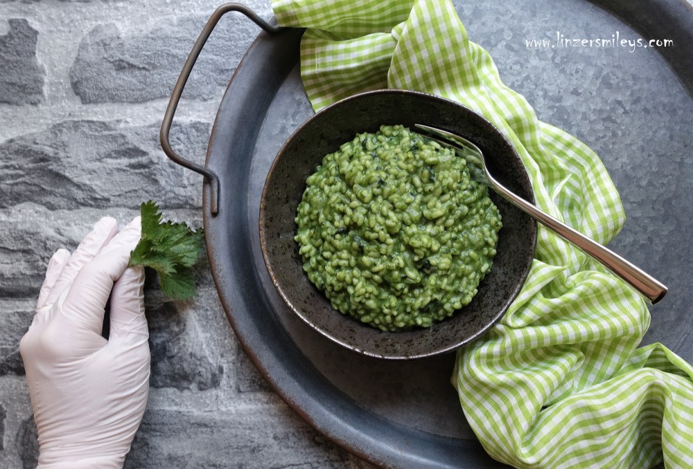 italienisch kochen im Frühling, Risotto mit Brennnesseln, Brennesseln, ortiche, Kräuter aus dem Wiener Prater, Wildkräuter, grün, der Frühling auf dem Teller