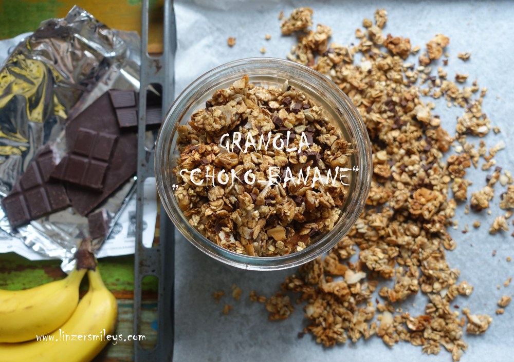 Geschenk aus der Küche mit dem besonderen Extra, Granola Schoko-Banane, Knuspermüsli, selbst gemacht, Resteverwertung, braune Bananen verwerten, nachhaltig #linzersmileys DIY-Geschenkidee, Frühstück