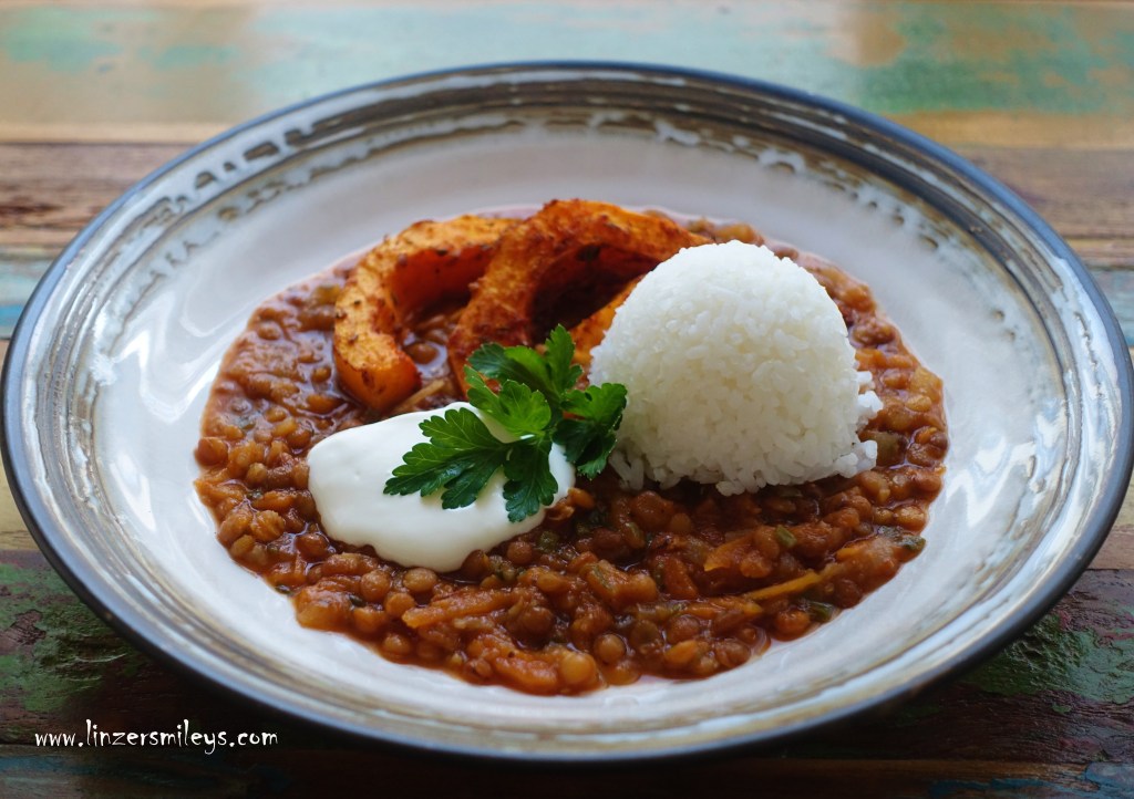 Berglinseneintopf, Linsen, Hülsenfrüchte, wertvolles pflanzliches Eiweiß, Ofenkürbis, vegan, vegetarisch kochen, Bettdeckenreis, Beilagenreis, Reis kochen wie zu Omas Zeiten, kreativ und einfach