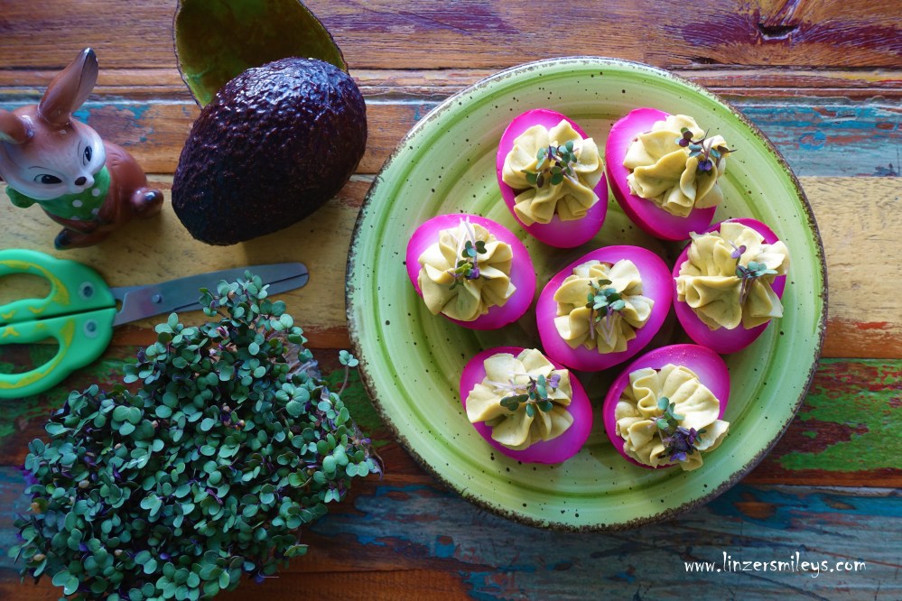 Purple Pickled Eggs, Deviled Eggs, teuflische eier, teuflisch rüben-rote Ostereier, gefüllte Eier, eingelegte Eier, violett, natürlich gefärbte Ostereier, Partykracher, rübenrot, Rote-Rüben-Salat, Rote Bete, Raunen, Runkeln, mit Avocado-Mayo #linzersmileys