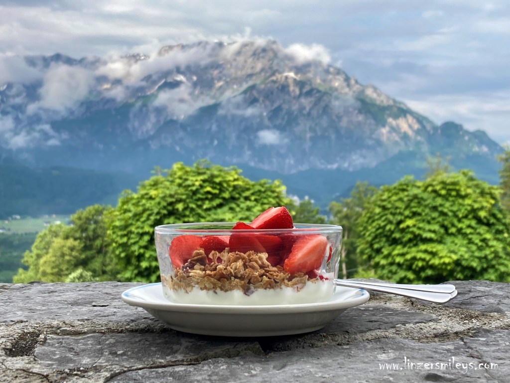 Granola DIY, Knusperfrühstück, mit Erdbeeren und Kokos, vegan, selbst gemacht, Geschenk aus der Küche, Untersberg, Salzburg, Salzburgerland, Frühstück mit Bergblick, Urlaub in Österreich, Frühstück im Freien, Picknick, Erdbeeren aus Österreich, Oberösterreich, Eferding