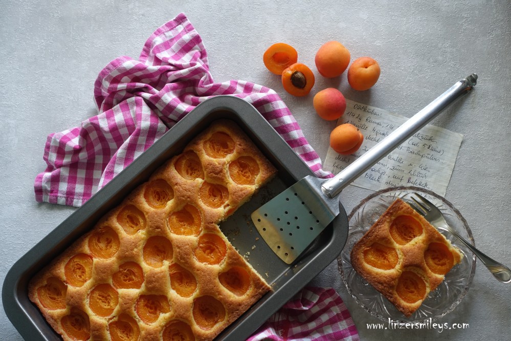 Marillenkuchen, Aprikosenkuchen vom Blech, einfache Sandmasse, Gleichschwerteig, Obstkuchen, Sommerkuchen, backen wie früher, Omas Kuchenrezept, EasyBaking, einfach backen, Früchte der Saison, Kindheitserinnerungen, kulinarische Zeitreise #linzersmileys