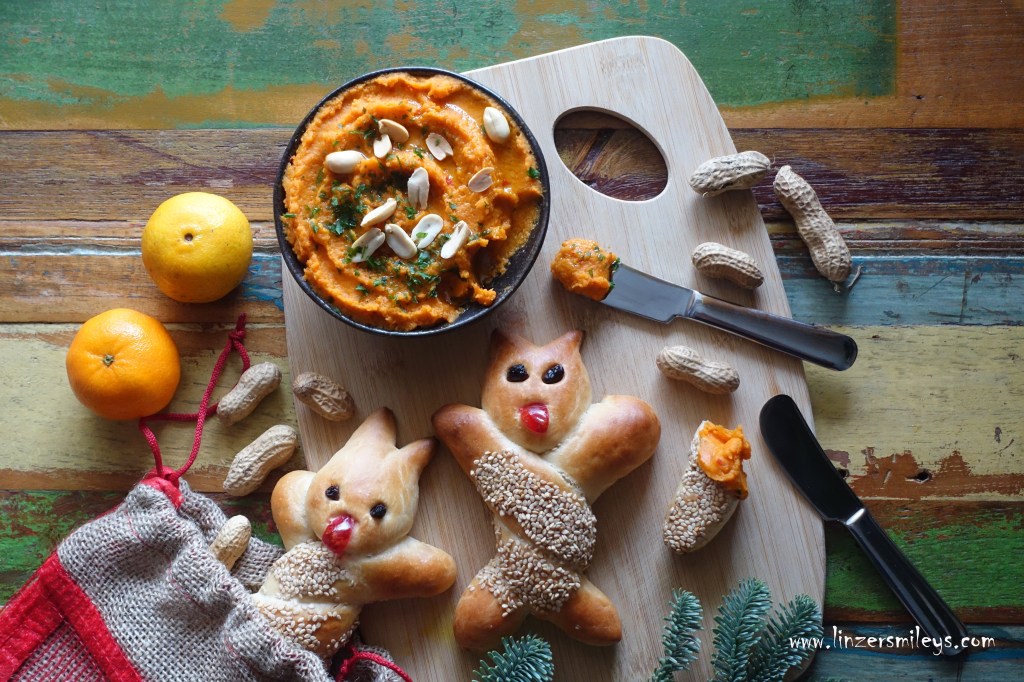 Nikolaus, Nikolo, Hl. Nikolaus, Bischof von Myra, 6. Dezember, der Krampus und der Nikolo, Nikolausjause, Krampusjause, Sesam-Krampus, Kürbis-Hummus, mit Kichererbsen