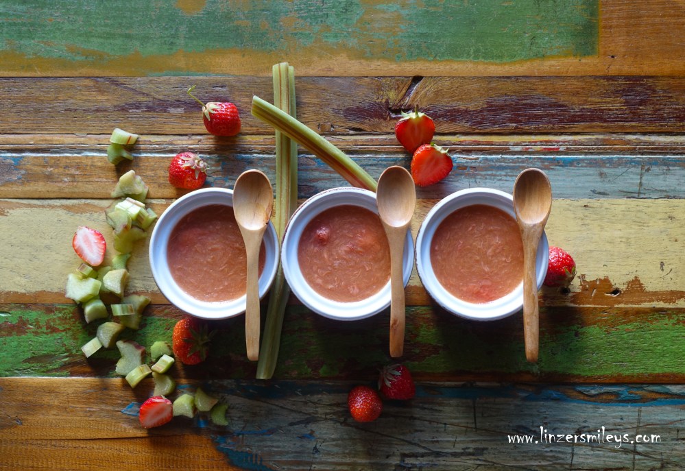 Erdbeer-Rhabarber-Pudding, Süßes aus Obst & Gemüse, Dessert zum Löffeln, vegan, vegetarisch, aus pflanzlichen Zutaten, mit Apfelsaft #linzersmileys