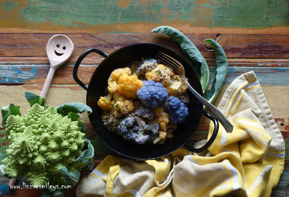 bunter Blumenkohl, Karfiol, cavolfiore colorato, romanesco, Broccoli, grün, blau, gelb, lila, violett, bunte Herbstküche, aus Venetien, Veneto, frutta e verdura a kilometro zero, Scorzè (VE), Italia, Bröselkarfiol, Butterbrösel, Paniermehl, österreichisch inspiriert, Rezept von Daniela Terenzi #linzersmileys