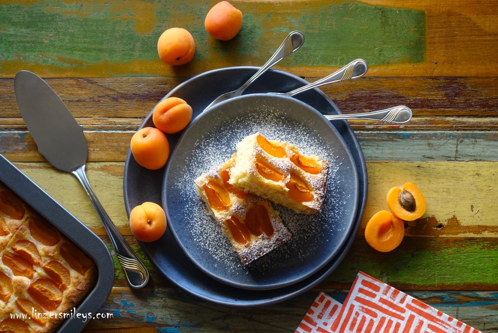 Obstkuchen vom Blech, einfach, easy-peasy, Marillenkuchen, Aprikosenkuchen, mit Kokos, weicht nicht durch, Sommer, Sonne, backen, vegetarisch, Wachauer Marillen, dolce con albicocche e cocco, Sommerkuchen, fruchtig, zuckerreduziert, mit Birkenzucker, Rezept von Daniela Terenzi #linzersmileys