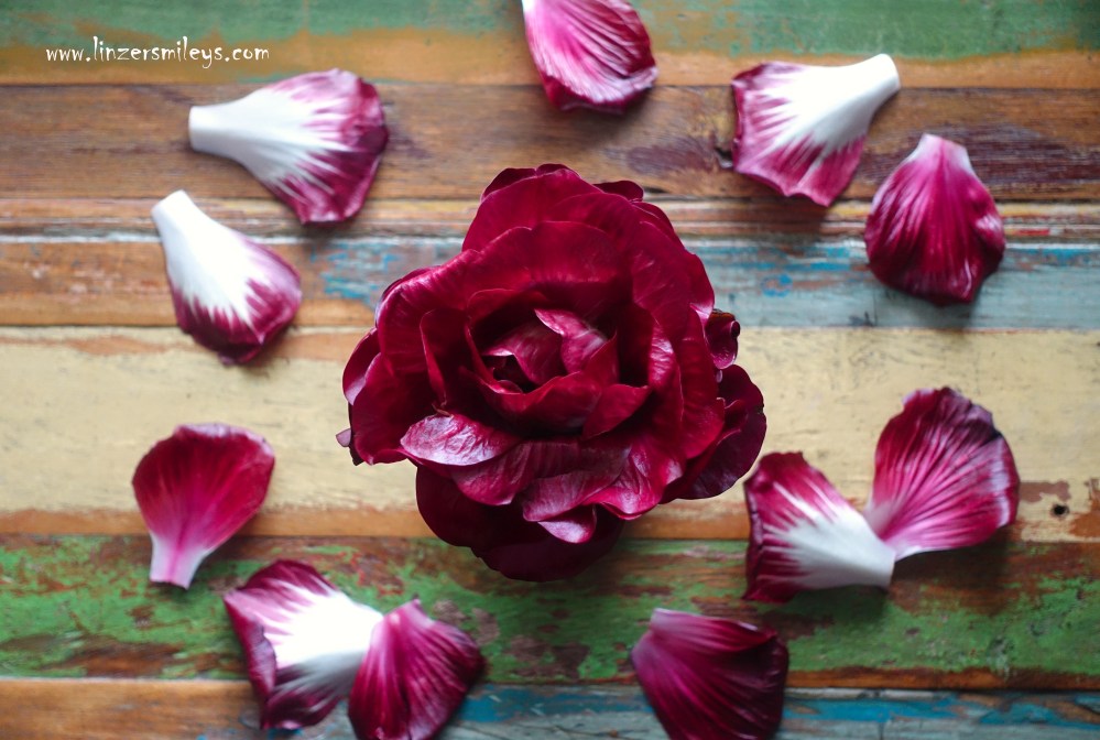 Rosa di Gorizia, Radicchio, Friuli-Venezia Giulia, Friaul-Julisch Venetien, Rose von Görz, Winterradicchio, Salat, Wintergemüse, essbare Blume, wunderschön, köstlich, knackig, fein-bitter, mit Aceto balsamico, Balsamico-Essig aus Modena, vegan, mit Protein-Mix, rote Zwiebel, Mais, Hülsenfrüchte, Daniela Terenzi #linzersmileys