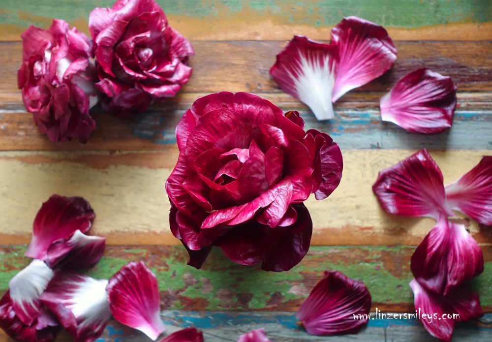 Rosa di Gorizia, Radicchio, Friuli-Venezia Giulia, Friaul-Julisch Venetien, Rose von Görz, Winterradicchio, Salat, Wintergemüse, essbare Blume, wunderschön, köstlich, knackig, fein-bitter, mit Aceto balsamico, Balsamico-Essig aus Modena, vegan, mit Protein-Mix, rote Zwiebel, Mais, Hülsenfrüchte, Daniela Terenzi #linzersmileys